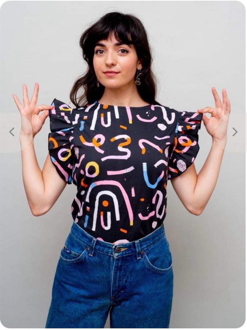 Nooworks Abstract Print Flutter Sleeve Top in Black with Multicolor Accents